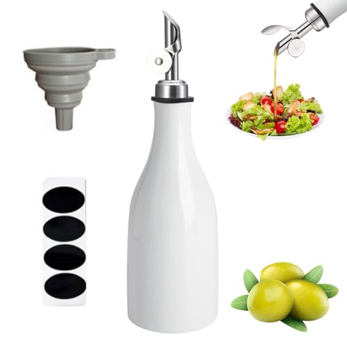 Oliera Salvagoccia 300Ml Dispenser In Ceramica Per Olio D'Oliva Con Ugello A Gravità, Coperchio Ribaltabile Automatico Dispenser Olio D'Oliva E Aceto Con Imbuto, Per Lo Sciroppo Di Caffè (bianco)