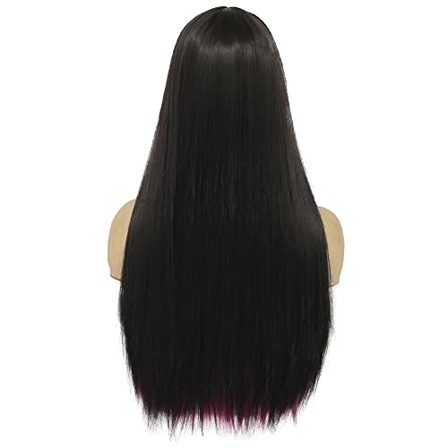 Image of Swiking Black Mix Rose Red Long Straight Wig with Bangs Silky Synthetic Replacement Hair Wig Heat Resisting Two Color Daily Party Cosplay Wigs