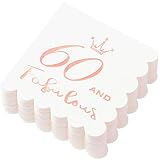 60 and Fabulous Cocktail Napkins Rose Gold - 60th Birthday Decorations for Women, Folded 5x5 Inches