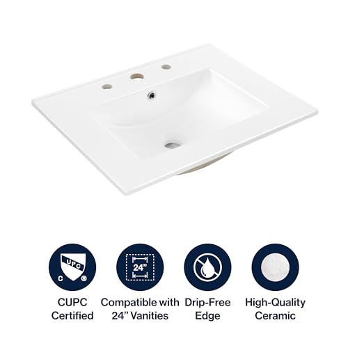 JONATHAN Y Ancillary 24 in. W x 18.25 in. D Ceramic Vanity Sink Top with 3-Hole Rectangular Single Sink Basin, White SNK1001A by JONATHAN Y - Used condition - Image 5