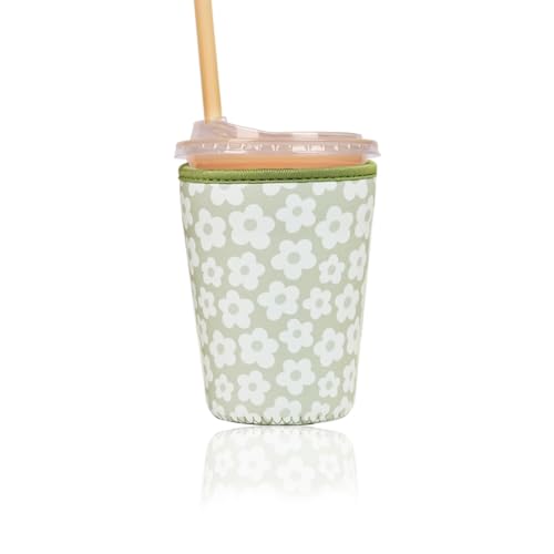 Image of Reusable Insulated Sleeve for Iced Coffee Cup, Coffee Neoprene Sleeve for Cold & Hot Drinks, Beverage Holder for Iced Coffee (Sage Florals, Small: 16-18oz)