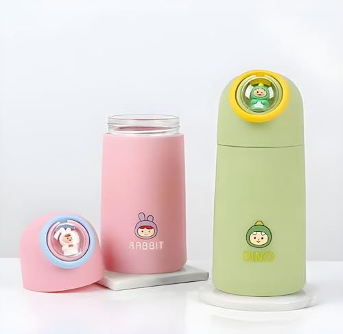 Image of Barebeauty Creative Cartoon Printed Glass Water Bottle for Boys & Girls | Double Layer Inner Glass Outer Plastic | Cute Animal Design Leak-Proof Insulated Flask for Kids 360 ML