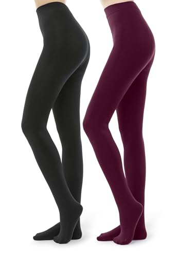 G&Y 2 Pairs Fleece Lined Tights for Women - 100D Opaque Warm Winter Pantyhose (Black Burgandy Red, XL)