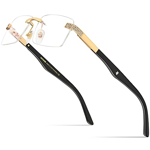 Image of HEPIDEM 100% Really Buffalo Horn Glasses,Square Rimless Luxury Buffs Eyeglasses with Zircon Diamonds