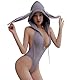 Aurueda Bunny Kostüm Frauen Cosplay Einteiliger Dessous Bodysuit Hase Outfit Damen Reißverschluss Rückenloses Kaninchen Hoodie Grey, Größe OneSize