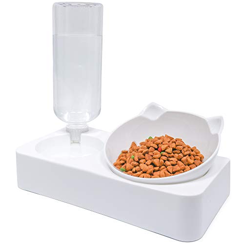 Companet Pet Raised Bowl Double Cat Automatic Water and Food Bowls 0-15°Tilted Adjustable Cat Water Feeding Dispenser with Detachable Raised Stand Pet Dishes Feeder for Cats or Small Dogs