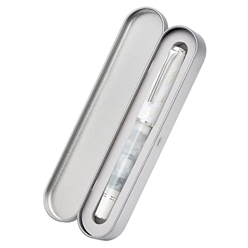Hongdian N8 White Acrylic Resin Fountain Pen, Iridium Medium Nib Silver Plated Feather Carving Cap Smooth Writing Pen With Converter And Metal Pen Box Set #TOP7
