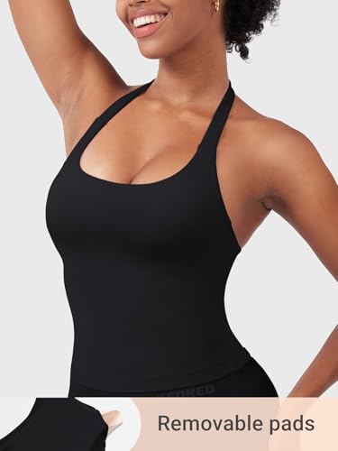 Image of YEOREO SoftHue Women's Impact Halter Tank Top Longline Backless Scoop Neck Built-in Bra Sports Workout Gym Crop Top