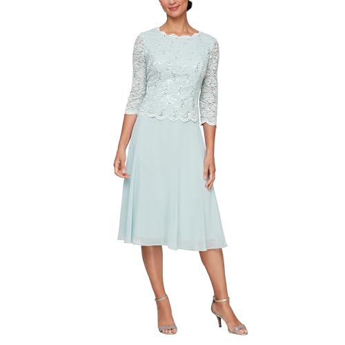 Image of Alex Evenings Women's Tea Length Embroidered Bodice Mother of The Bride Gown, Wedding Guest Dress