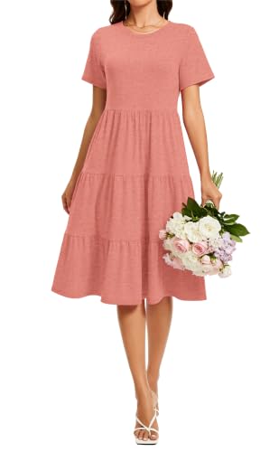 Image of Womens Summer Short Sleeve Crew Neck Midi Dress 2026 Casual Fit Flowy Tiered Beach Vacation Sundress with Pockets