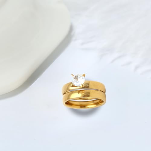 4mm Solitaire Wedding Ring Set for Women by Ginger Lyne | Stainless Steel Cubic Zirconia Engagement Ring with Matching Bridal Plain Wedding Band for Women3