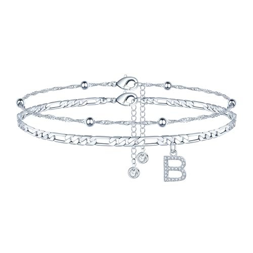 Image of Ursteel Ankle Bracelets for Women, 14K Gold Plated Dainty Layered Chain CZ Initial Anklets Summer Jewelry Gifts for Women