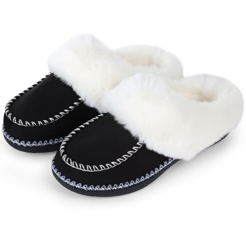 Women’s Micro Suede Moccasin Slippers, Warm Winter Slip-On Memory Foam House Shoes with Fuzzy Fur Collar for Indoor and Outdoor