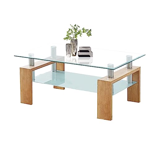 Rectangle Glass Coffee Table-Oak Modern Side Coffee Table with Lower
