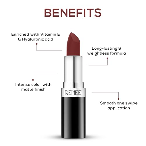 Image of RENEE Stunner Matte Lipstick - Raging Raven 4gm - Intense Color Pay Off, Full Coverage Long Lasting Weightless Velvety Formula With One Swipe Application - Enriched With Vitamin E & Hyaluronic Acid