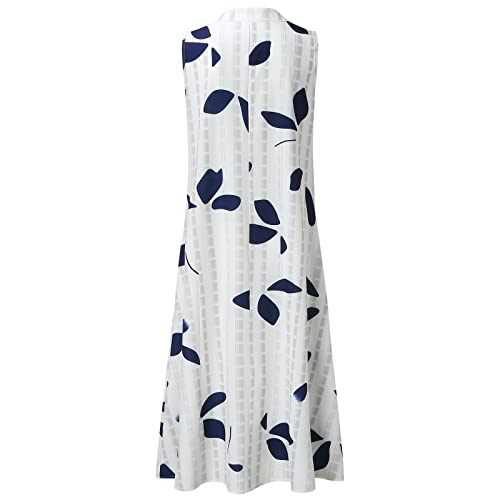 UIFLQXX Vestidos de verão femininos casuais com estampa de folhas, botões, gola V, sem mangas, bolso