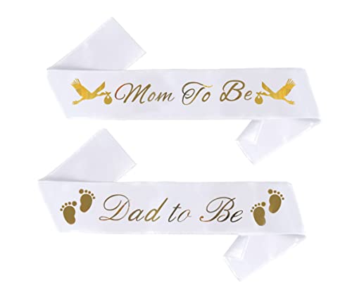 Image of "Mom To Be" & "Dad To Be" Baby Shower Sash Bundle - With Cute Stork Image (White & Gold Lettering) Girl Boy Baby Shower Party Decorations, Gifts, Favors, Mommy Supplies Gender Reveal (White)