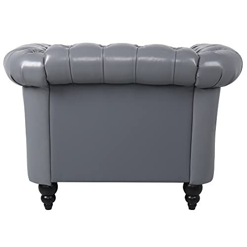 Image of LEVNARY Leather Upholstered Armchair, Mid-Century Modern Single Sofa Chair with Rolled Arms and Nailhead, Tufted Pu Leather Chesterfield Chair for Home Bedroom Reading Room (Gray)