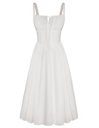 SCARLET DARKNESS Ladies Casual Sundress Sleeveless Spaghetti Straps Midi White Dress A-Line Flowy Summer Dresses for Women UK XL