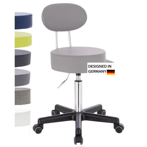 1stuff® Profi Rollhocker Bürohocker mit Lehne - Squash BACKLIKE - bis 180kg getestet* -bis 72cm -Rollen gebremst - Drehhocker Arzthocker Arbeitshocker Praxishocker Küchenhocker (hellgrau)