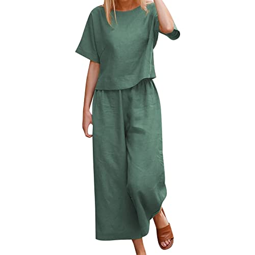 Fnumiszx Conjunto de chándal para mujer, conjunto de lino de algodón, color liso, manga corta, cuello redondo y pantalones holgados, conjunto completo de chándal para mujer, conjunto completo de viaje