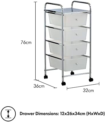 4 Drawer Plastic Storage Trolley, Multipurpose Storage Drawer Rolling Cart, Unit Home Office Stationery Organisation, Make-up, Beauty - Mobile Design 4 Tier Shelving and Castor Wheels – White