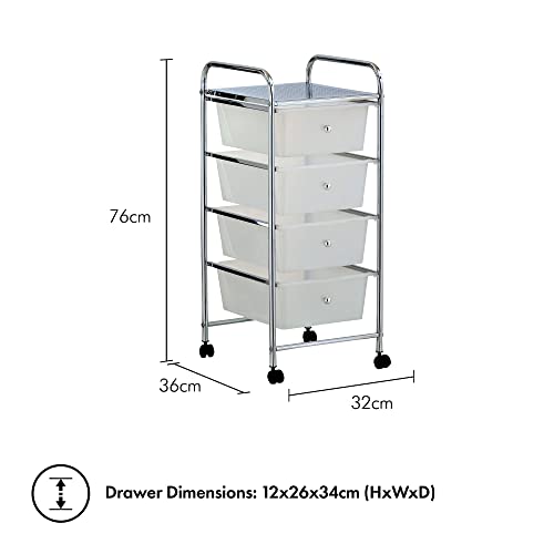 4 Drawer Plastic Storage Trolley, Multipurpose Storage Drawer Rolling Cart, Unit Home Office Stationery Organisation, Make-up, Beauty - Mobile Design 4 Tier Shelving and Castor Wheels – White