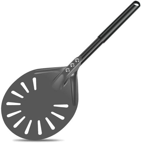 Pizza Turning Peel with Long Handle Aluminum Pizza Peel Spinner Perforated Pizza Turner Spinner Non-Stick Pizza Paddle 15.7×5.9×8.46 Inch Scratch Resistant Pizza Peel Paddle for Home Oven (1, Black)