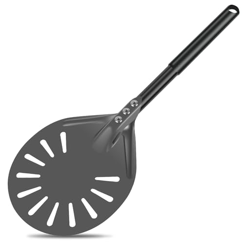 Pizza Turning Peel with Long Handle Aluminum Pizza Peel Spinner Perforated Pizza Turner Spinner Non-Stick Pizza Paddle 15.7×5.9×8.46 Inch Scratch Resistant Pizza Peel Paddle for Home Oven (1, Black)