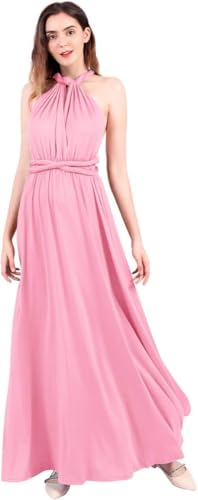 Robe de soirée convertible rose en coupe maxi fluide pour réception de gala