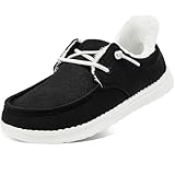 STQ Slip On Shoes Women Warm Winter Fur Lined Orthopedic Loafers Plantar Fasciitis Relief Casual Fall Fuzzy Pregnant Walking Boat Shoes Ultralight Arch Support Canvas Black White US 9