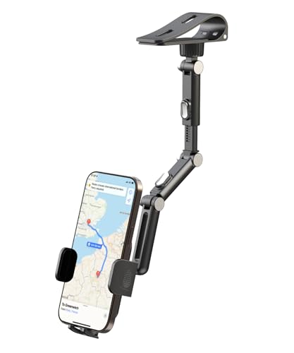 Karmus Sun Visor Phone Holder for Car Aluminum Alloy Clip-on Sunvisor Phone Mount with Auto-Lock 360 Rotation & Extendable Arm Hands-Free Car Visor Cell Phone Holder Compatible with iPhone Android