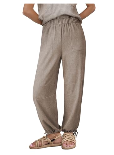 Dokotoo Womens Baggy Wide Leg Pants Drawstrings Cuffs Elastic Waisted Loose Palazzo Casual Harem Pants with Pockets