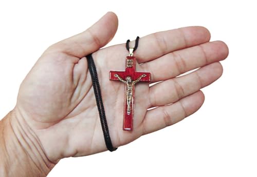 Catholica Shop Religious Wear Handcrafted Cherry Wood Corded Necklace Cross Pendant for Men and Women. Made in Brazil - 2.4 Inches2