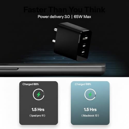 Image of 65W Gan Trio Charger Adapter | 3 Port USB Type C to A Fast Wall Charging Adaptor Compatible with CMF Phone 1|Nothing Phone 2a Plus|2A|Phone 2(Dark Grey)