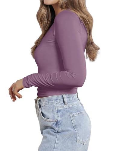 PINKMSTYLE Womens Long Sleeve T Shirts 2025 Basic V Neck Tee Fall Tops Casual Workout Y2K Clothes Purple X-Large — view 4