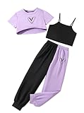 Ecolala Girl's Summer 3 Pieces Outfits Graphic Crop Top and Cami with Sweatpants Set Purple 13-14Y