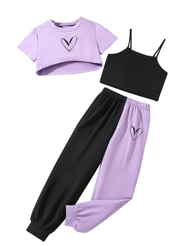 Image of Girls' Summer 3 Pieces Outfits Graphic Crop Top and Camisole with Sweatpants Set Purple 7-8Y