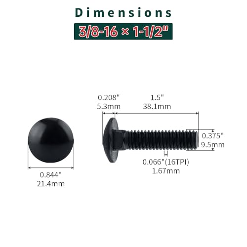 Image of 3 /8-16 x 1-1 /2 inch Black Carriage Bolts with Nuts and Washers Kits (10 Sets), 304 Stainless Steel 18 /8, Black Finish, Round Head, Square Neck, Heavy Duty Bolts, Indoor Outdoor Fastening Bolts, Fayeploo