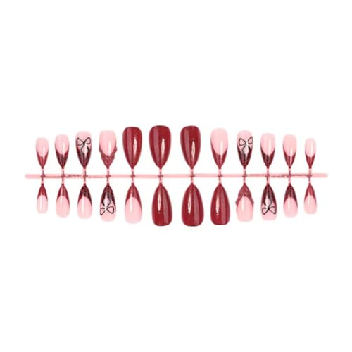 Image of Red Nail Press ons French Tip Fake Nails with Glitter Design Medium Almond Glue on Nail Glossy Full Cover Bow Press on Nails for Women Manicure 24Pcs
