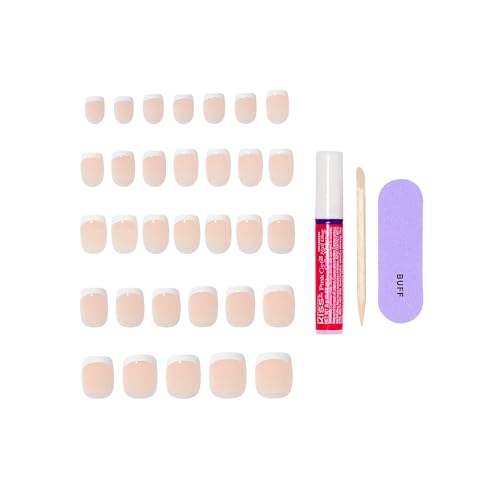 Kiss CORE, Press On Nails, Nail glue included, \'Perfection\', White, Petite Size, Squoval Shape, Includes 32 Nails, 2g Glue, 1 Manicure Stick, 1 Mini File