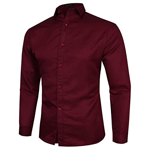 Auwer Men's Long Sleeve Button Up Shirts Solid Slim Fit Casual Business Formal Dress Shirt Turn Down Neck Formal Shirt Wine