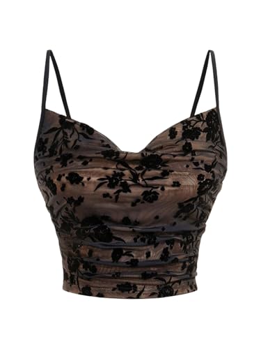 Milumia Women's Floral Mesh Cowl Neck Cami Top Spaghetti Straps Cropped Tops