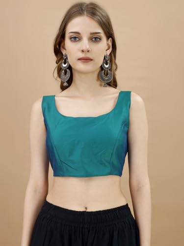 Womanista Women's Tafeta Solid Sleeveless Regular Fit Sequinned Blouse (Bls_55_Teal S)
