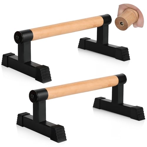 Image of Airogym Wooden Parallettes, Wood Push Up Handles Pushup Bars, Heavy-Duty Sturdy Metal Non-Slip Base Exercise Home Workout Equipment, Parallettes Bars Grip for Strength Training, Planks Calisthenics