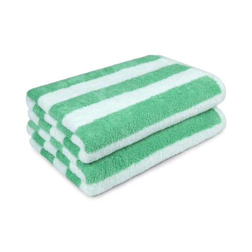Image of Amazon Basics Striped Beach Towels, Soft & Absorbent Pool Towel, 100% Ring-Spun Cotton, Machine Washable, Quick Dry, OEKO-TEX Certified, Large 30 inch x 60 inch, Green Cabana Stripe, 2-Pack