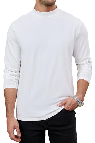 LuxMania Mens Casual Cotton Mock Turtleneck Long Sleeve T-Shirts Solid Pullover Basic Lightweight Tee Tops White XL
