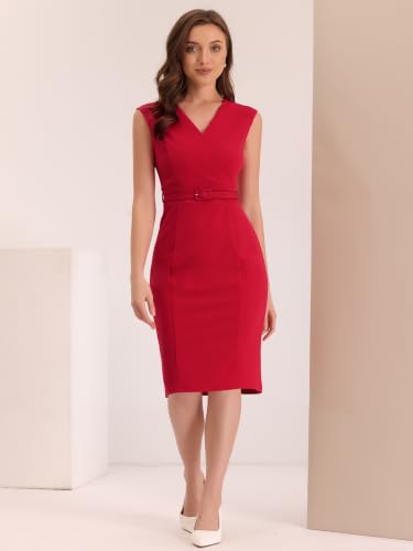 Image of Allegra K Sheath Dress for Women's Wrap V Neck Business Office Belt Sleeveless Pencil Dress