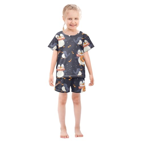 ALAZA Penguin Guitar Music Note Pajamas Set Short Sleeve Cotton Sleepwear Summer Pjs 2 Piece 5-14Y3