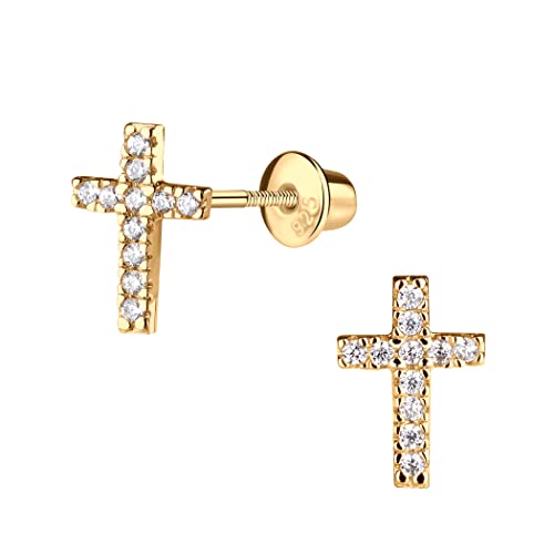 Cherished Moments Children's Sterling Silver or Gold-Plated Cross Earrings with CZs and Safety Screw Backs for Baptism, Christening and First Communion Gifts for Girls